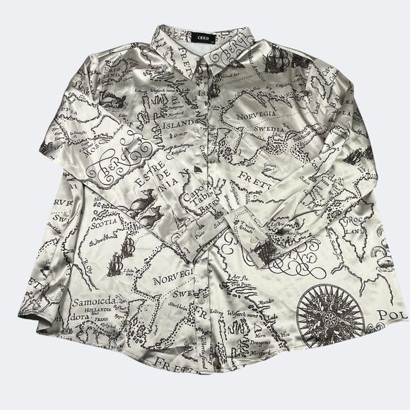 Cider Satin Map Print Shirt Collared Button Down Long Sleeve Silky Travel 2XL - Picture 1 of 10